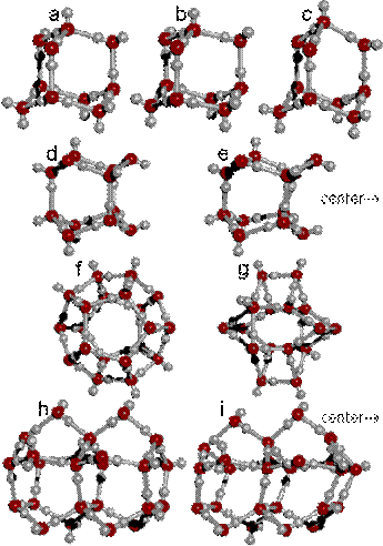 Cluster components; (a) decamer, (b) and (c) two forms of partially collapsed decamer; (d) hexameric box; (e) partially collapsed hexameric box; (f) dodecahedron; (g) partially collapsed dodecahedron; (h) double pentagonal box; (i) partially collapsed double pentagonal box